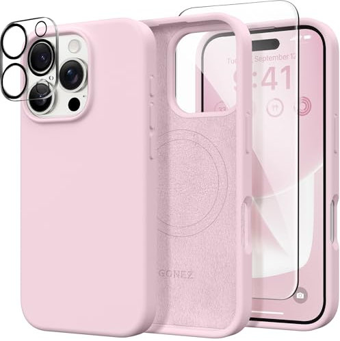 GONEZ Compatible with iPhone 16 Pro Max Case, Compatible with MagSafe, Liquid Silicone Case, 1 Screen Protector + 1 Len Protector, Full Body Protective Shockproof Phone Cover 6.9, Pastel Pink