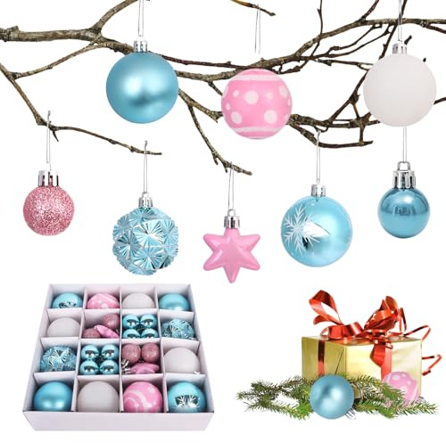 Minicoco 44 Pcs Christmas Baubles Set – 9 Assorted Styles | Shatterproof Hanging Ball Ornaments for Xmas Tree, Holiday Party & Wedding Decor (2 Sizes: 6cm & 3cm, Pink and Blue)