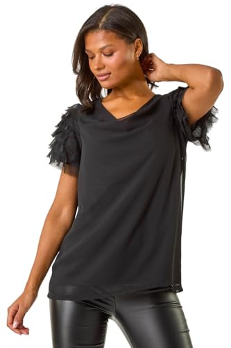 Roman Originals Cowl Neck Shoulder Sequin Frill Top for Women UK - Ladies Everyday Autumn Winter Comfy Soft Evening Vacation Work Party Night Out - Black - Size 16