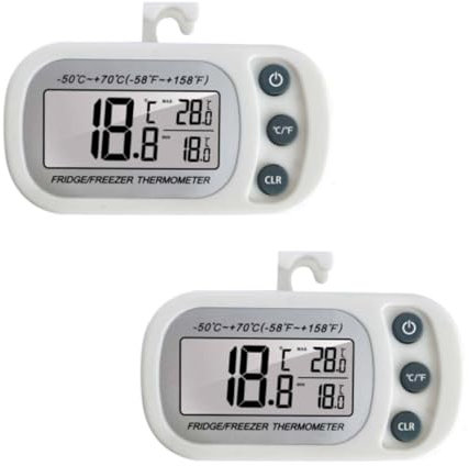 Kühlschrankthermometer Digital, 2 Stück Kühlschrank Thermometer mit Haken & Magnet LCD Anzeige Digitales Kühlschrankthermometer Innen, Gefrierschrank Thermometer Max/Min Funktion - (2 Weiß)