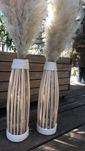 Vase Bohème en Rotin avec Corde de Coton Écru et Tiges de Pampas