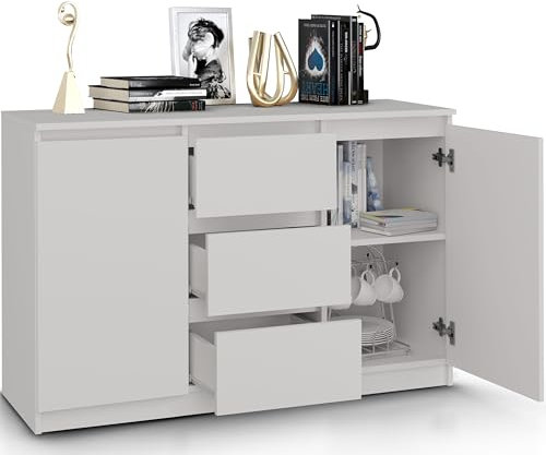 Beneli Kommode Weiß 120x40x75 cm, Schubladenkommode mit 3 Schubladen, Stilvolles Sideboard für Wohnzimmer, Flur & Schlafzimmer Zeitloses Design