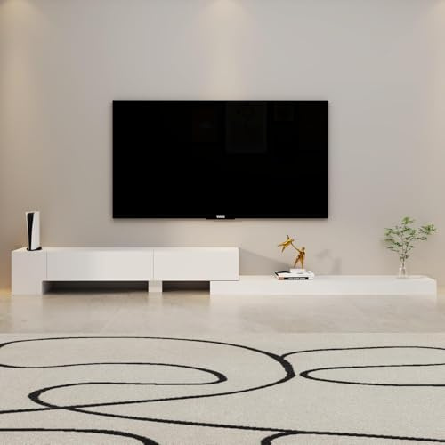 TuckTect Retractable TV Stand, Solid Wood Minimalist TV Shelf, Mid-Century TV Console with 1 Door & 2 Drawers, Adjustable 71'' to 122'' Entertainment Media Console Center Large Storage Under TV