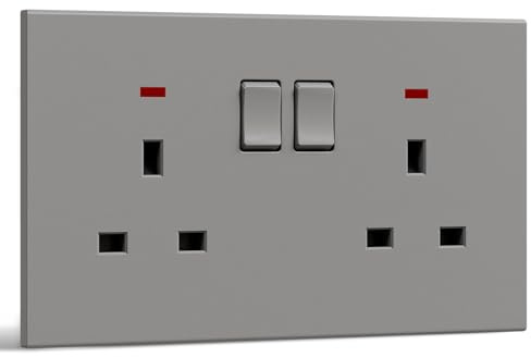 BSEED Double Socket, Electrical Double Switched Power Plug Wall Socket with LED Indicator, PC Wall Plate Outlet, Grey, 13A