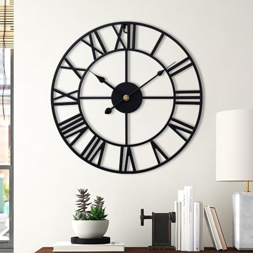 DARDVORLAG Nordische Minimalistische Römische Zahlen Wanduhr aus Eisen – 40 cm Große Wanduhren für Wohnzimmer und Garten, Schwarzes Design