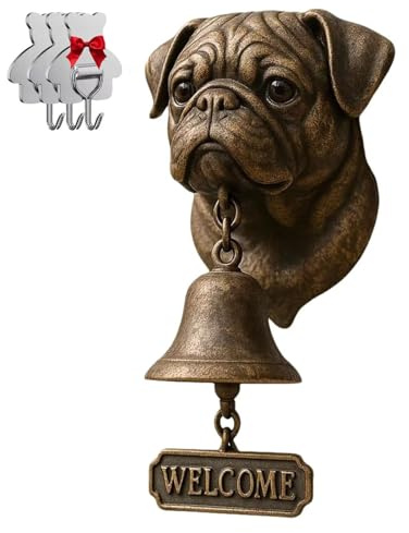 Mops-Willkommensglocke, Retro, lustige Tier-Willkommens-Türklingel, Wandmontage, dekorative Glocke aus Gusseisen/Harz, Bauernhaus-Wanddekoration und Einweihungsgeschenk (mit 3 klebrigen Haken)