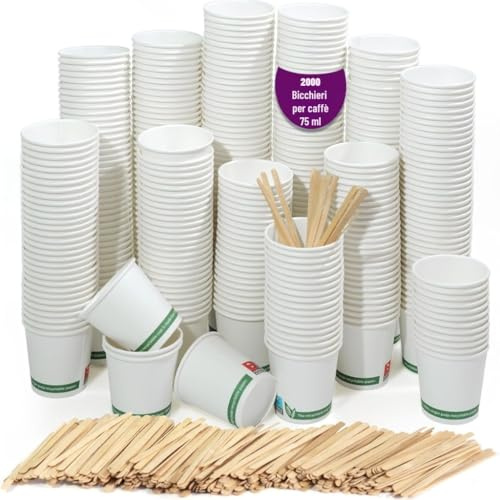 CARTOSPEDÌA - 2000 Bicchierini Caffè Carta + 2000 Stecchette In Bambù Incartate Singolarmente, 75 ml, Bicchieri Caffe Monouso Biodegradabili per Espresso, Accessori Caffe indispensabili, Made in Italy