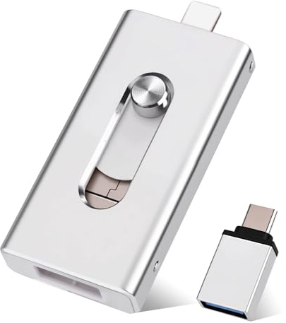 USB Stick 256GB für iPhone, MFi Zertifiziert 4-in-1 Speicherstick für iPhone/iPad/Android/PC, USB C & L OTG Flash Drive, Plug & Play Backup für Fotos & Videos, Silber (256GB)