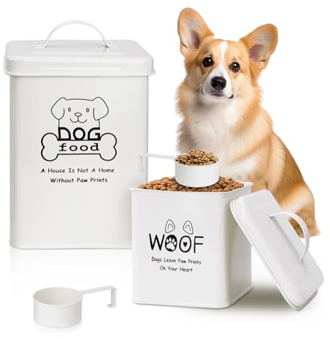 DIBALIYI 2PCS Dog Food Storage Container, Metal Pet Treat Tin with 2 Serving Scoop, Airtight Dog Food Tins Bin with Lid, Pet Treat Storage Box for Biscuit Treats, White