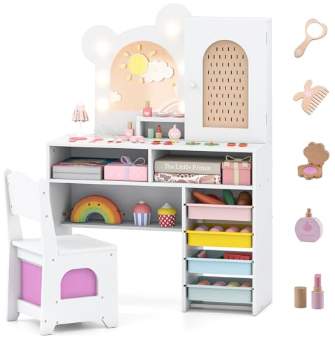 COSTWAY Schminktisch Kinder in Bärform, Kinderschminktisch mit Beleuchtung, Spiegel, Schrank, 5 Schubladen & Fächern, Frisiertisch Prinzessin aus Holz, Kosmetiktisch Set für Mädchen ab 3 Jahren (Weiß)