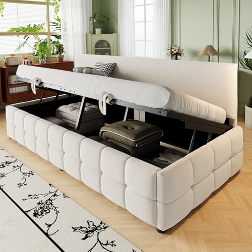 Wiuzo Polsterbett Sofabett 90x200 cm, Mit Hydraulischem Stauraum, Rückenlehne Ohne Armlehnen, Mit Markantem, Klassischem Karomuster Am Unteren Rand, Einzelbett, Samtstoff (Beige)