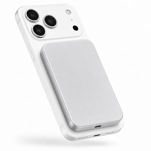 nevox Wireless Magnetic Powerbank 5000mAh kompatibel mit MagSafe® – 15W kabelloses Schnellladen, Starke Magnetbefestigung, USB-C, kompakte Mini Powerbank für iPhone, Silber/Weiß