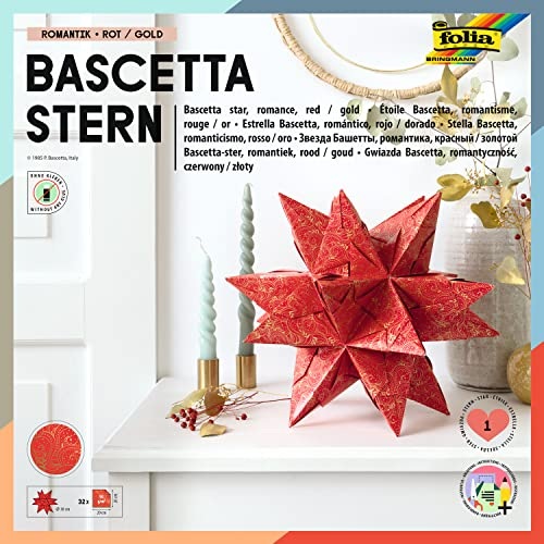 folia 408/2020 - Bastelset Bascetta Stern Winterornament rot/gold, 32 Blatt, 20 x 20 cm, fertige Größe des Papiersterns ca. 30 cm, mit ausführlicher Anleitung - ideal zur zeitlosen Dekoration