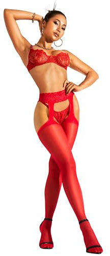 sofsy Medias con liguero 20 DEN mujer – Medias finas transparentes de encaje, toque elegante para cualquier atuendo, Rojo S