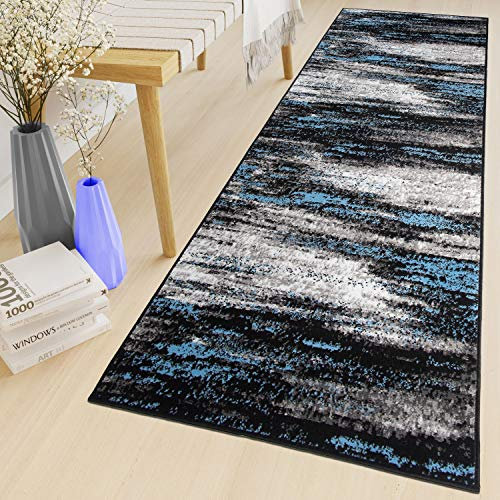 TAPISO Maya Teppich Läufer Meterware Kurzflor Wohnzimmer Flur Küche Modern Brücke Grau Blau Schwarz Verwischt Meliert Design ÖKOTEX 80 x 360 cm