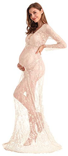 AYMENII Boudoir Maternità Manica Lunga Pizzo Abito Bagno Latte Photoshoot Abito Sexy Donne Profondo Scollo a V Lingerie Robe Camicie da Notte, Beige, XL