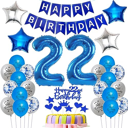 Luftballons 22 Geburtstag Mann deko blau, Geburtstagsdeko 22 Jahre Mann Dekoration, Ballon 22. Geburtstag Männer blau, Deko 22. Geburtstag Luftballons,Tortendeko 22. Geburtstag Mann kuchen deko