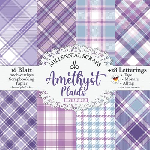 Amethyst Plaids Bastelpapier: Scrapbooking Decoupage Papier & Junk Journal Zubehör I Zum Ausschneiden I Mit Letterings I Karten Basteln DIY Geschenk I Tagebuch Deko