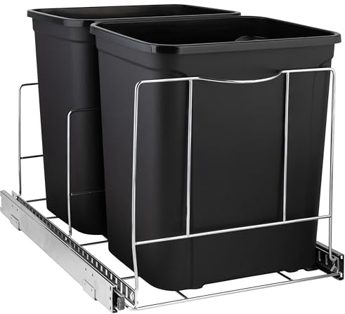 HOLDN’ STORAGE Pull Out Double Trash Can Under Cabinet – Heavy Duty Metal Sliding System with 5 Year Limited Warranty, Adjustable Garbage Shelf -Cans Not Included- fits 2 Recycling Bins, 15'' x 21''
