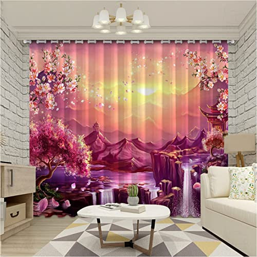 RSFGOTP 2Er Set Verdunkelungsvorhang 3D Druck Rosa Japanische Kirschblüte Muster Vorhänge Blickdicht Gardinen Wohnzimmer Kinderzimmer Ösenvorhang Fensterdekoration Gardinen 2X(85B x 200H) cm