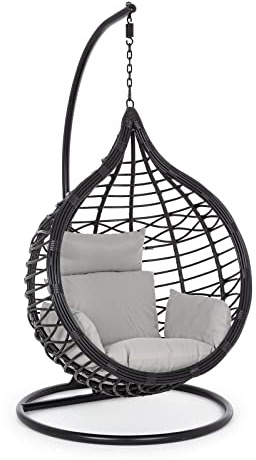 Decor Space Poltrona a dondolo sospesa Torres per giardino e veranda in rattan con cuscino Nero