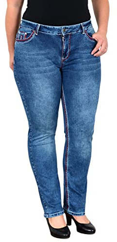 ESRA Damen Jeans Straight High-Waist Jeans Damen Straight Fit Dicke Naht Jeanshose bis Übergröße Plussize Große Größen Damen Jeans Hose Gerade Schnitt Hoch-Bund Straight Leg Jeans Damen Stretch FG12