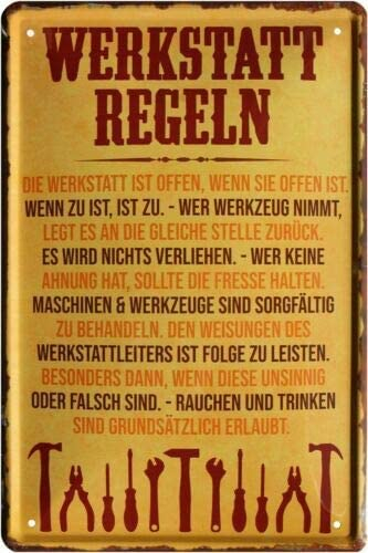 WOGEKA ART Retro Blechschild - WERKSTATT REGELN - Lustiger Spruch als Geschenkidee für PAPA, OPA und alle SCHRAUBER zu Geburtstag Weihnachten als Deko Schild 20x30 cm Vintage Metallschild 681