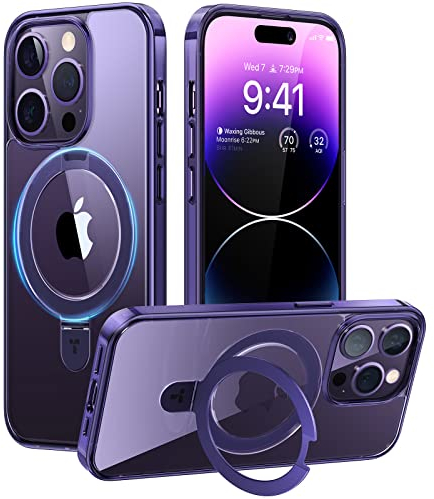 TORRAS Magnetic Ostand for iPhone 14 Pro Case, Built in Invisible Ring Stand, 12FT Military-Grade Shockproof, Compatible with MagSafe, Slim Protective Case for iPhone 14 Pro Cover, Purple Clear
