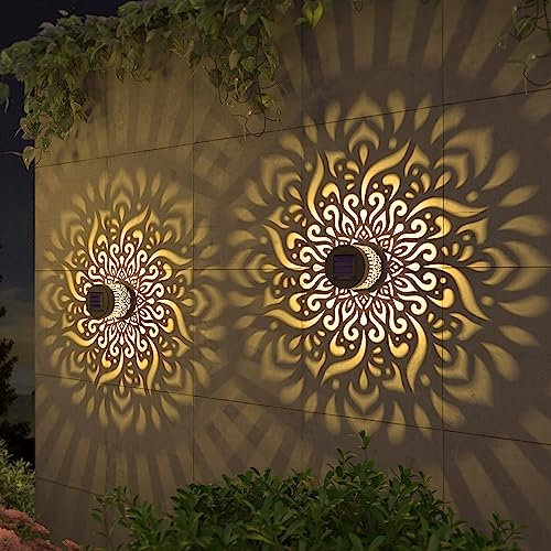 gardencave 2 Pack Solar Fence Lights Solar Outdoor Wall Lights Metal Solar Powered Deck Step Lights Mandala Theme Waterproof Fence Solar Light for Garden Post Patio Backyard Yard Decor (2 Pack)
