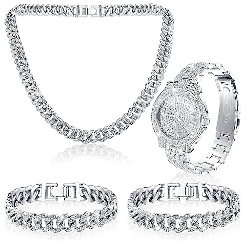 Huquary 4 Pcs Diamond Watch Cuban Link Chain Men Watch Set Hip Hop Jewelry Set Bling Rhinestone Necklace Bracelet Jewelry(Silver)