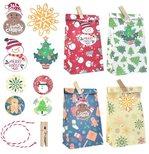 skytowards 24 Papiertüten Geschenktaschen Weihnachten Geschenkbeutel Bunte Geschenktüten Weihnachten mit Aufklebern und Holzklemme Weihnachtstaschen Weihnachtspapiertüten