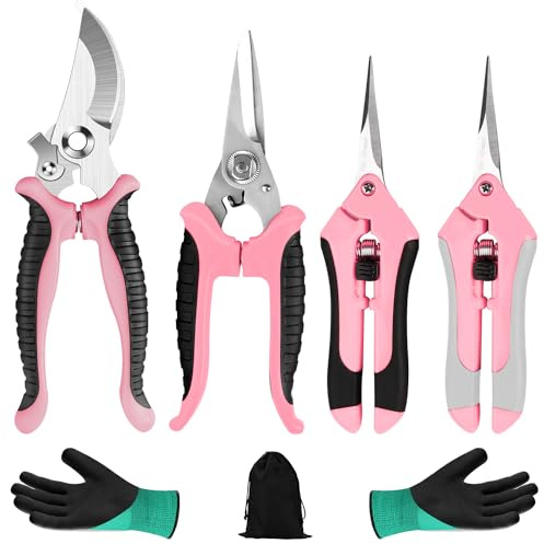 Gartenschere, Edelstahlklingen, Handscheren-Set mit Gartenhandschuhen, Rosa, 4 Stück