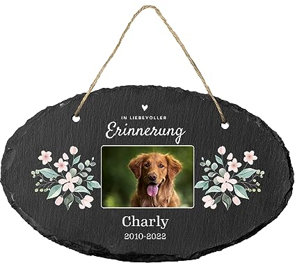 Gedenktafel für Hund und Katze aus Schiefer mit Bild und UV Druck | Personalisiert mit Foto | Tiergrabstein für Haustiere | Grabplatte mit Foto | Oval 20x10cm