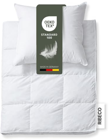 RIBECO GERMANY Daunenbettdecke Johanna 135x200 cm & Kopfkissen 80x80 cm Set | Wärmeklasse: extrawarm, Daunendecke & Kopfkissen aus Federn & Daunen, hausstauballergikerfreundlich, Made in Germany