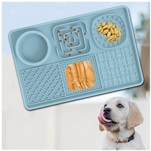 Tapis De Lechage pour Chien Ventouse, avec Ventouse Base Antidérapante Gamelle Anti Glouton Grand Chien, pour faciliter Le Bain, Le toilettage, Réduction De L'ennui,Blue
