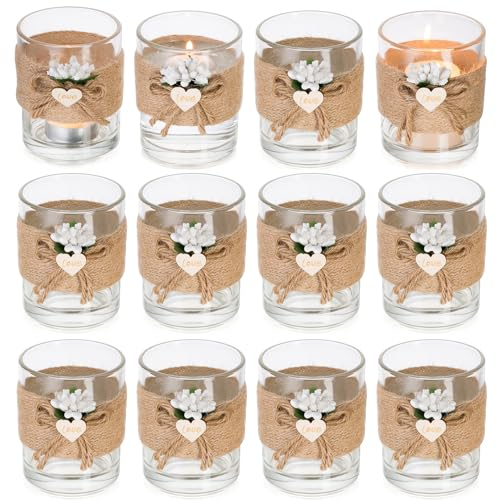 NUPTIO Teelichtgläser Glas Windlicht Hochzeit: 8cm Höhe 12 Stücke Votivkerzenhalter Teelichtglas Gläser Teelichter Schwimmkerzenhalter mit Hanfseil Set Kerzenhalter Halterung Weihnachten Tischdeko