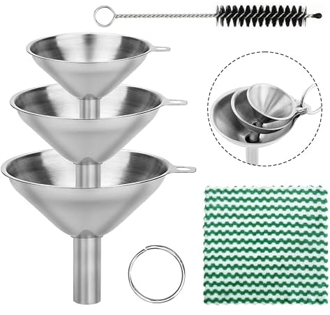 Sanrolax Set di 3 imbuti in acciaio inox, anello rotondo da appendere, imbuto impilabile, piccolo con spazzola per la pulizia, asciugamano da cucina, polvere, marmellate