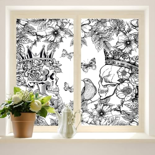 COALHO Fensterfolie mit Totenkopf-Motiv, Retro-Stil, tropisches Blumenmuster, Gothic, Skelett, Schmetterlinge, Vogeldruck, geeignet für Wohnzimmer, Küche, Badezimmer, 45 x 60 cm, 2 Stück