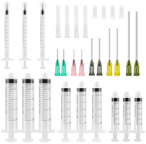 TRUEIN 12 Stück 1ml 5ml 10ml 20ml Stumpfe Spitze Spritzen, Spritzen Set mit Stumpfen Nadeln, 14Ga 15Ga 16Ga 18Ga 20Ga Stumpfe Nadel und Kappen, Kunststoff Spritze zum Ausbringen von Flüssigkeit