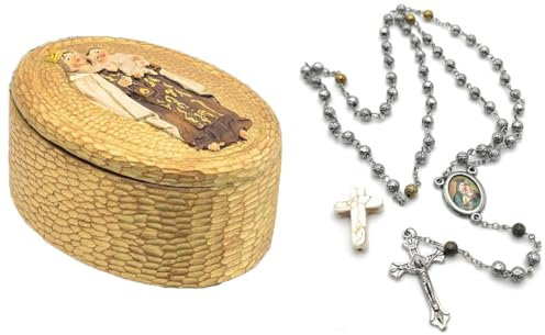 Katholisches Bild oder Schachtel + katholischer Rosenkranz und Kreuz aus weißem Türkis (Schachtel Virgen del Carmen)