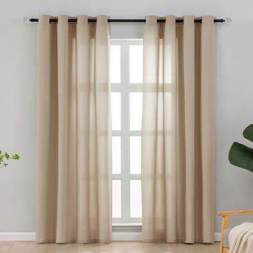 L.Z.E Gardinen Vorhänge Sand Beige, Sichtschutz Lichtdurchlässige Gardine Vorhang für Schlafzimmer Wohnzimmer Privatsphäre, Dünne Baumwolloptik Stores mit Ösen, 245 cm Lang, Blickdicht Einfarbig