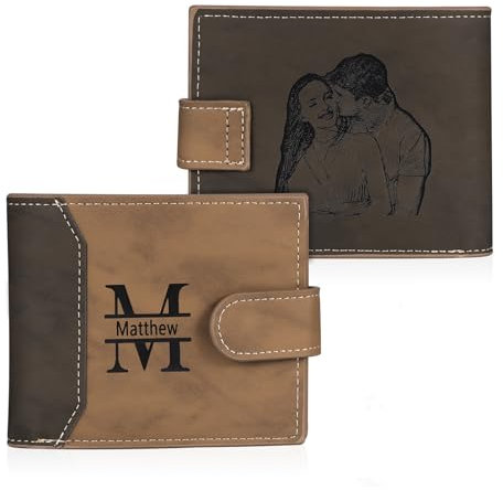 Lam Hub Fong Portefeuille Photo Personnalisé Homme Porte Monnaie avec Gravure Initiale et Prénom Cadeau pour Homme Papa Fils Famille (Brun 1)