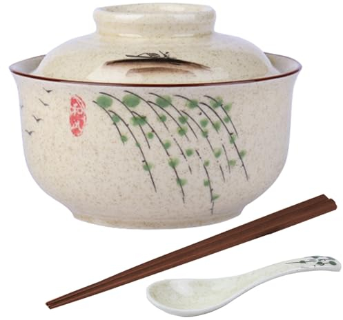 Sightday Ensemble de nouilles ramen – Bol en céramique en forme de saule avec couvercle, cuillères et baguettes pour pâtes, soupes, salades et céréales 800 ml