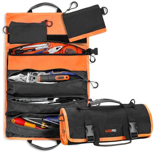 WISEPRO Roll Up Tool Bag, Portable tool Bags with 13 Pockets, Heavy Duty 1680D Tool Organizer, Screwdriver Spanner Drive Sockets Tool Wrap Roll Organisers for Electrician, Plumber, Carpenter, Mechanic