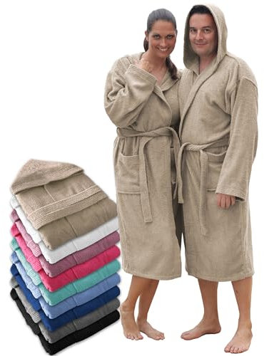 LEBENGOOD Peignoir de bain à capuche, pour femme et homme 100% coton éponge 400 g avec ceinture, poches, douche, peignoir doux, serviette (hombre.Capucha Arena L)