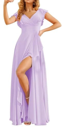 WSEYU Vestidos de dama de honor con cuello en V para invitados de boda, mangas con volantes, de gasa, para fiesta de noche, baile de graduación, vestido largo por debajo de la, Lila, 36