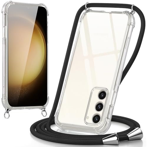 Oelrstfe Coque pour Samsung Galaxy S23 Plus 5G avec Cordon, Transparente Silicone Housse avec Réglable Cordage - Collier Case Protection pour Samsung S23+, Bandoulière - Noir