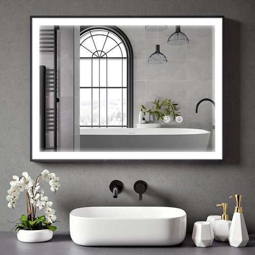 BELOFAY 600x800mm Black Framed, Bathroom Mirror with LED Lights, Illuminated Bathroom Mirror with LED Lights, Dimmable, Anti-fog, Shatter-Proof Tempered, Wall Mirrors, with Demister Pad Lucian