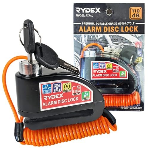 Rydex X7 Motorcycle Alarm Disc Lock 110 db, Bicycles Waterproof Tamperproof, Heavy Duty Anti Theft Security Motorcycle Alarm with 2 Keys and Reminder Cable (Black)