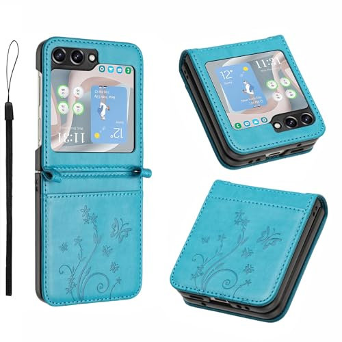 ANSHOW for Samsung Galaxy Z Flip 6 Wallet Case with Wrist Strap, Flip Leather Case with Cards Holder Phone Case with Kickstand Cover, Blue
